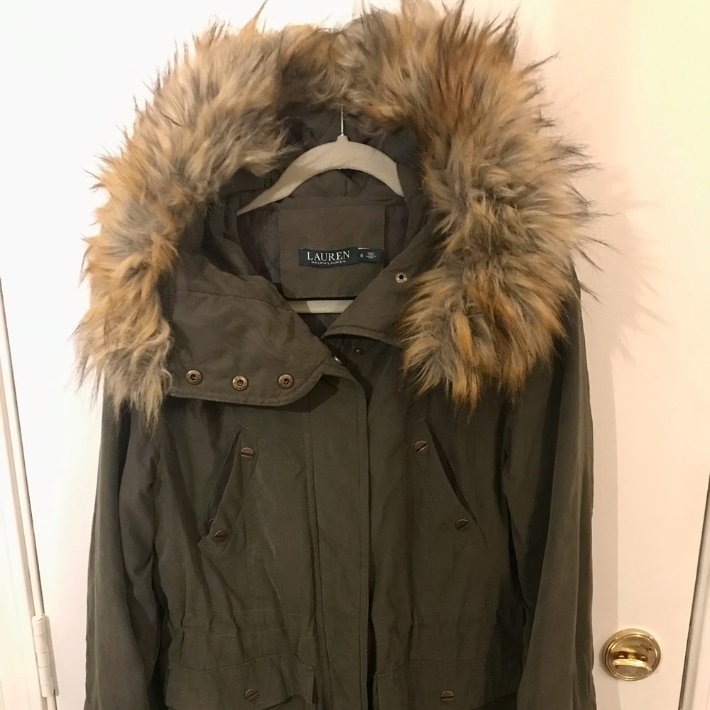 Woman’s Ralph Lauren army green parka with fur lined hood